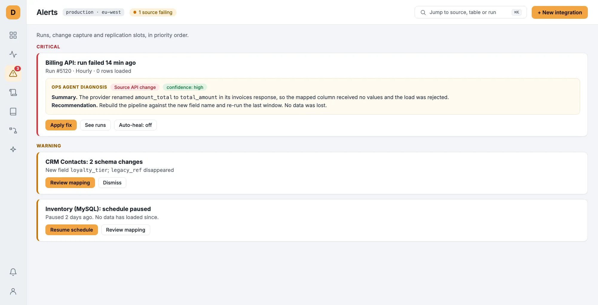 Alerts: a failed run with the ops agent's diagnosis and recommended fix