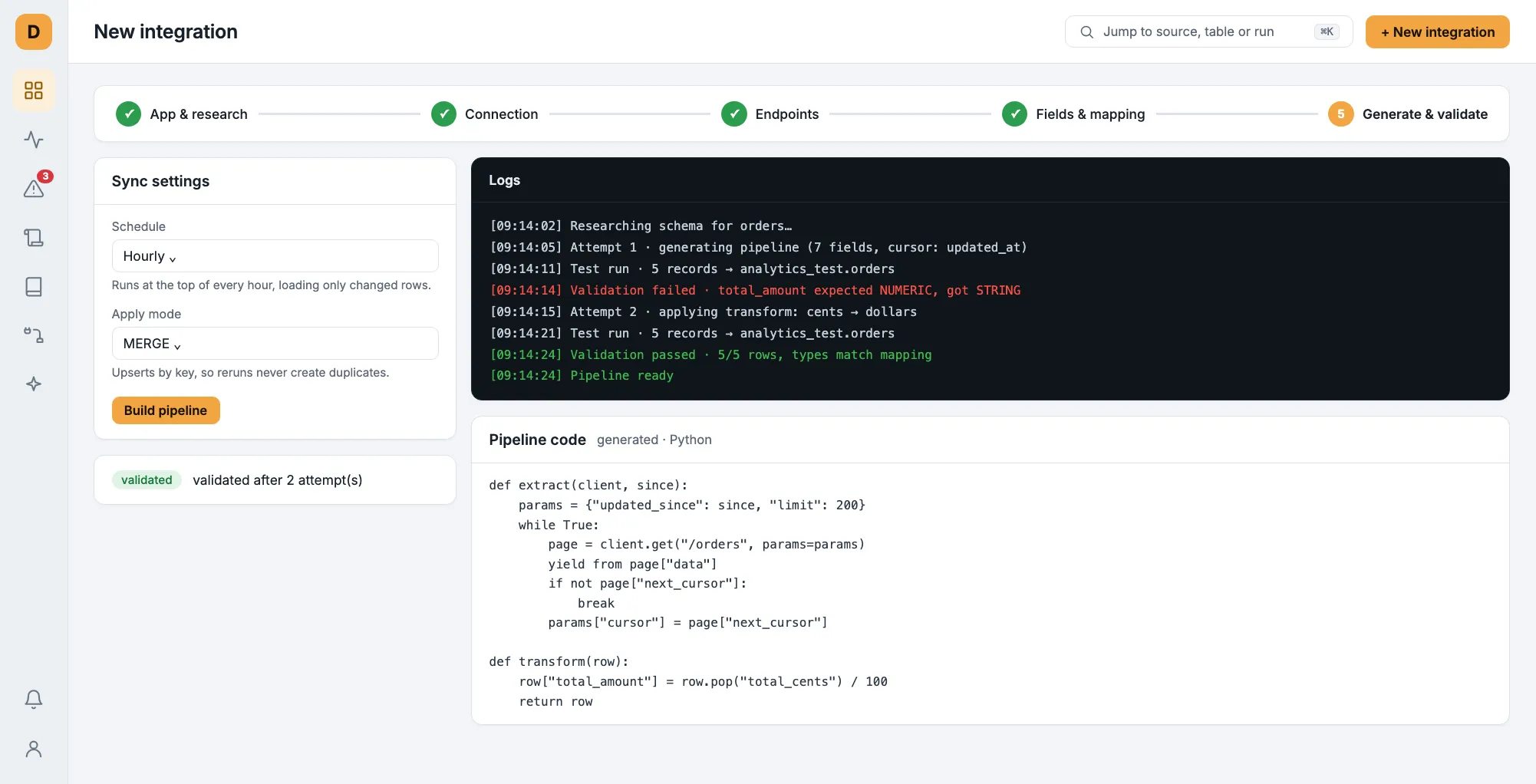 Generate and validate: logs showing a failed then passed validation, and the generated pipeline code