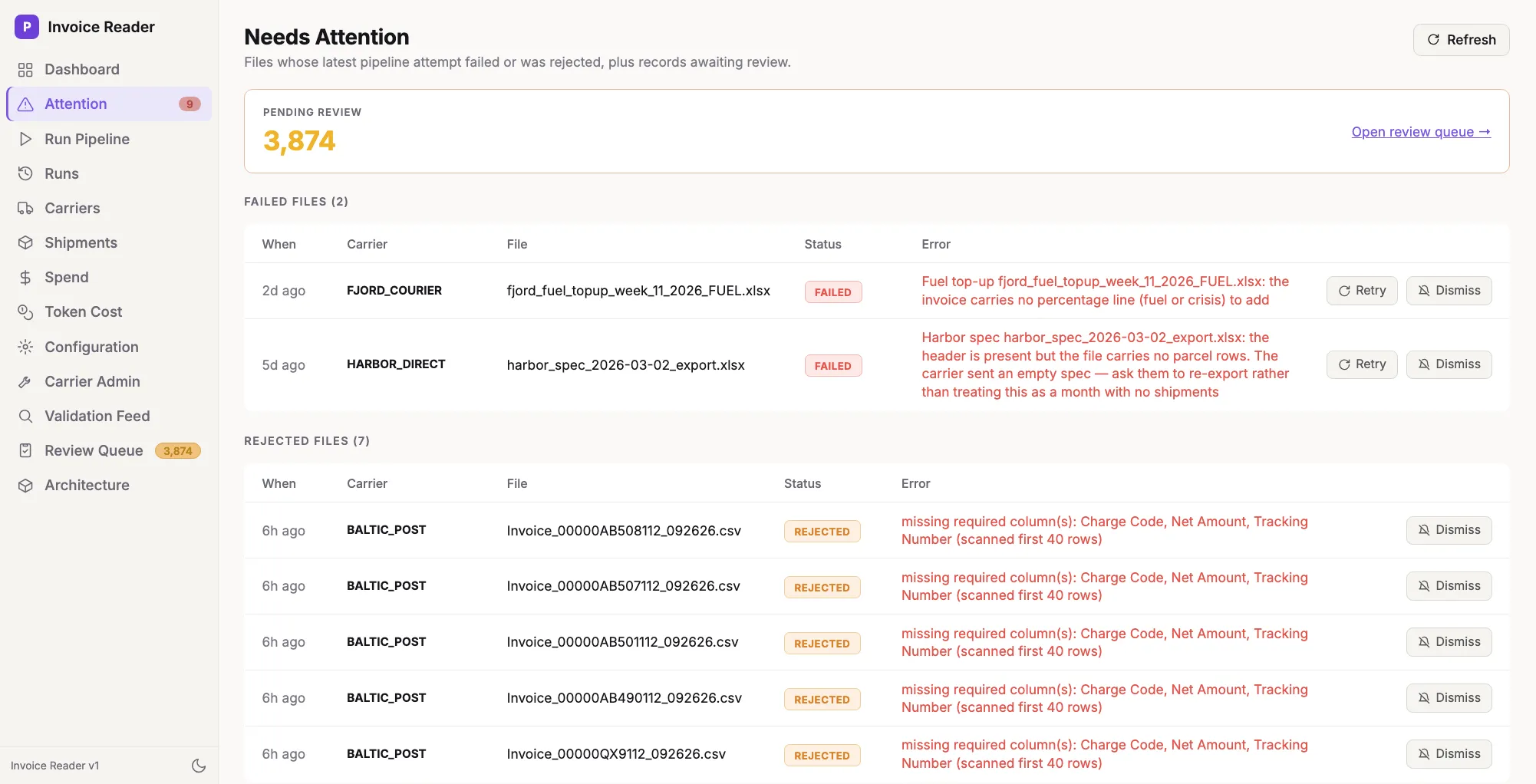 Needs Attention: failed and rejected files with retry and dismiss